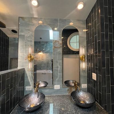 Modern Bathroom With Double Sink And Mirrors In Unique Design