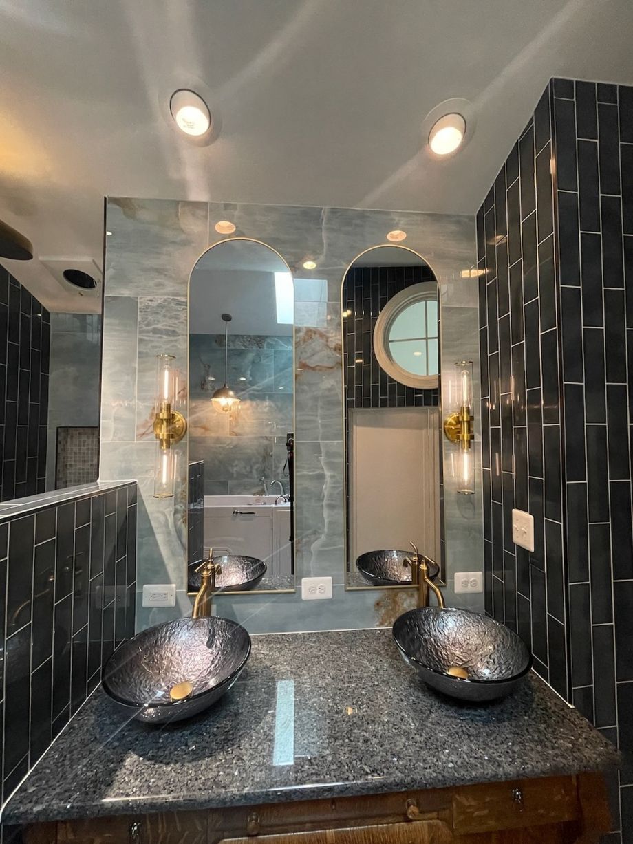 Modern Bathroom With Double Sink And Mirrors In Unique Design