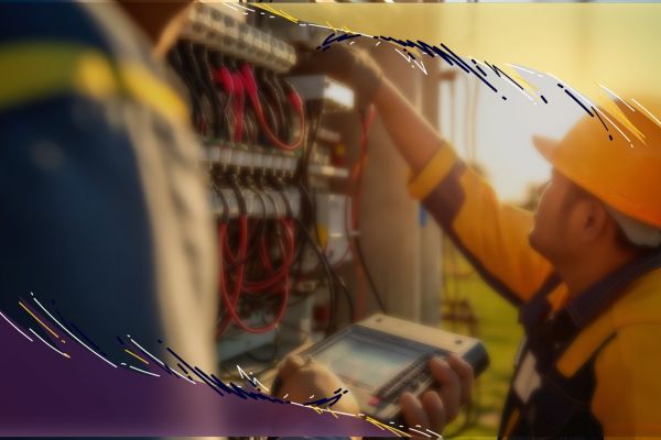 Electrician Working With Multimeter On Control Panel In Sunset Light