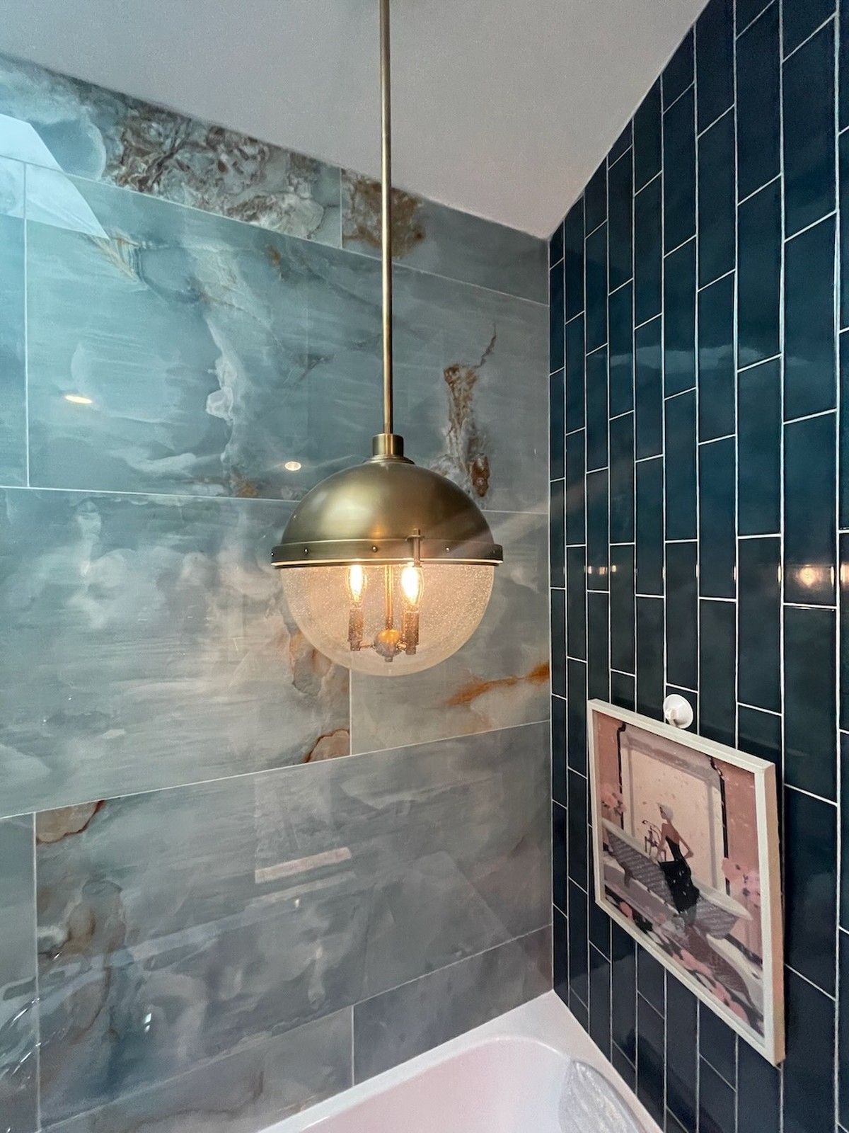 Bathroom Lighting With Blue Tiled Walls And Artwork Glen Burnie Md