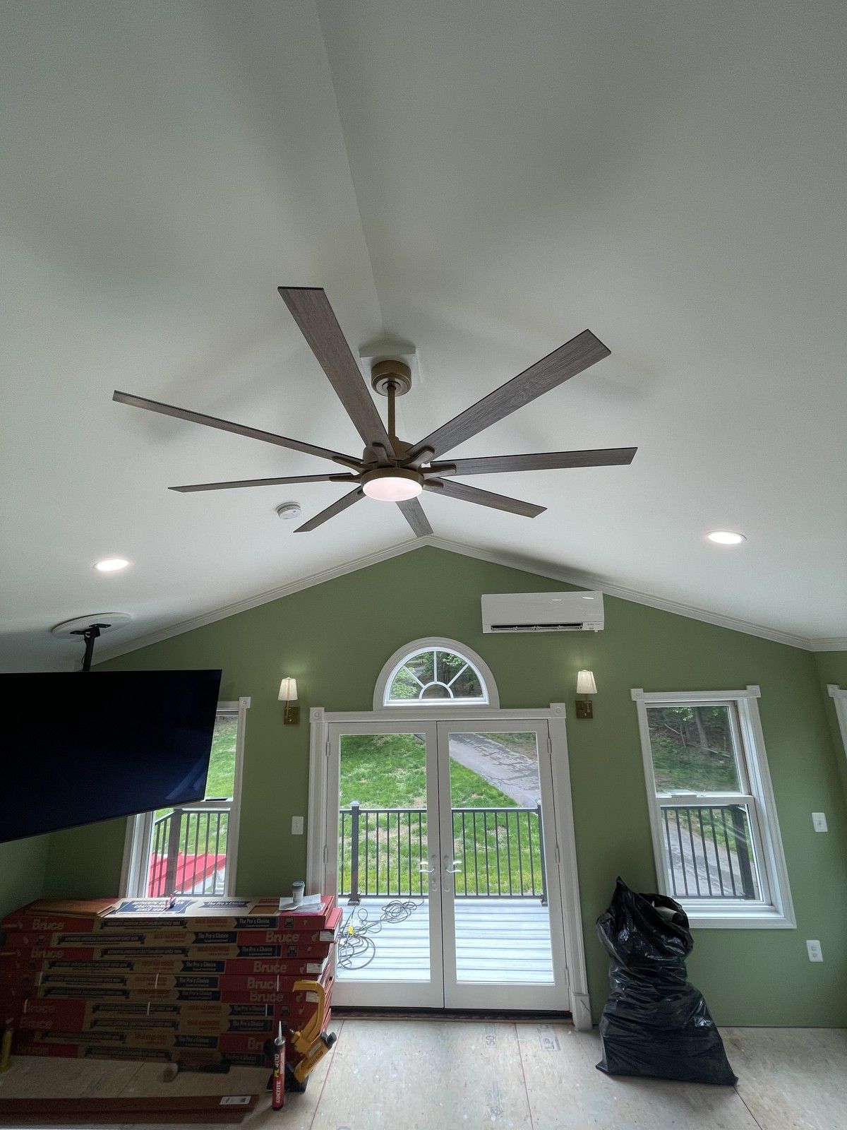 Living Room With Ceiling Fan And Green Walls And Doors Entrance Laurel Md