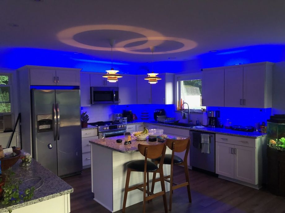 Beautiful Modern Kitchen With Blue Lighting And Furniture