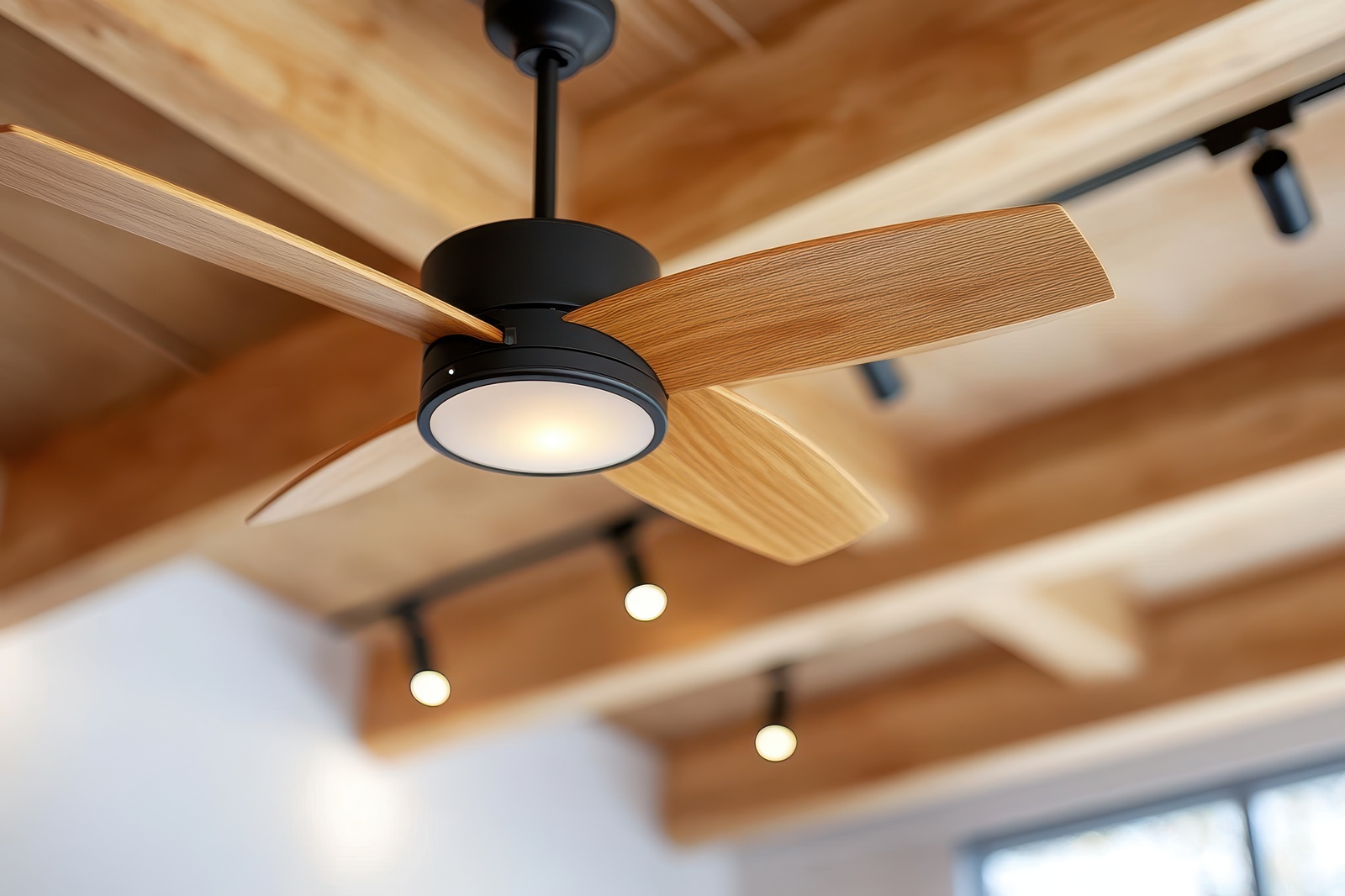 Ceiling Fan With Wooden Blades In Modern Room Lighting