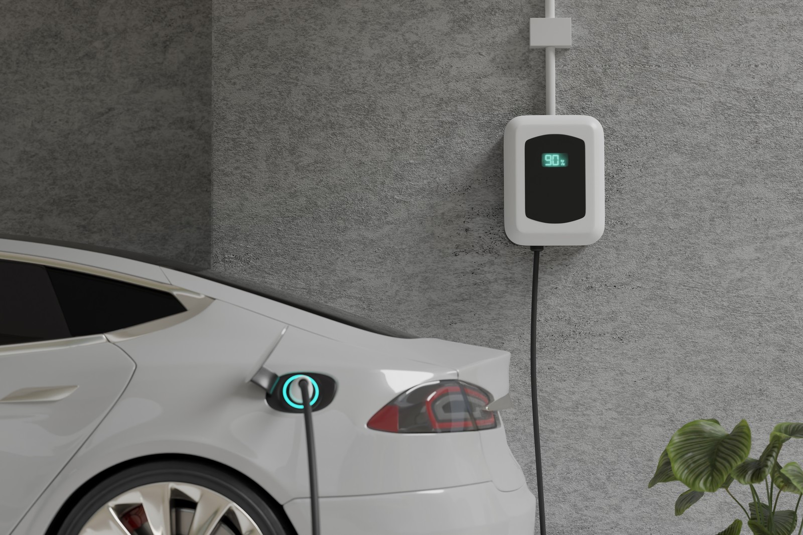 Electric Car Charging In Modern Garage With Wall Mounted Unit