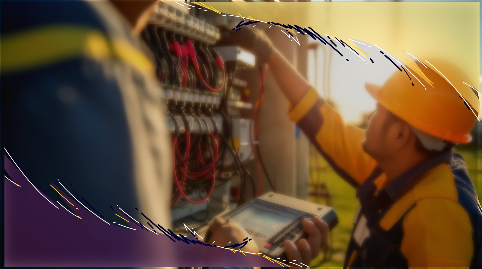 Electrician Working With Multimeter On Control Panel In Sunset Light Bowie Md