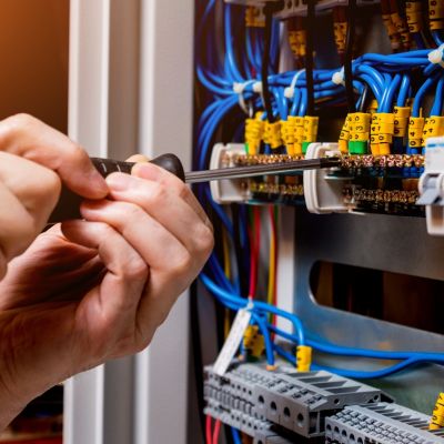 Electrical Panel Wiring Repair With Screwdriver In Hand