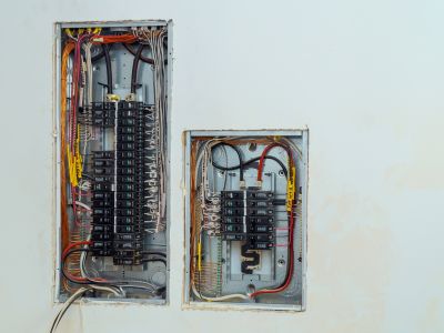Electrical Panel With Wiring And Circuit Breakers In Wall Columbia Md