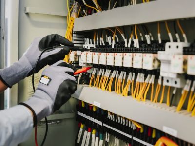 Hands Working On Electrical Control Panel With Wires And Tools Bowie Md