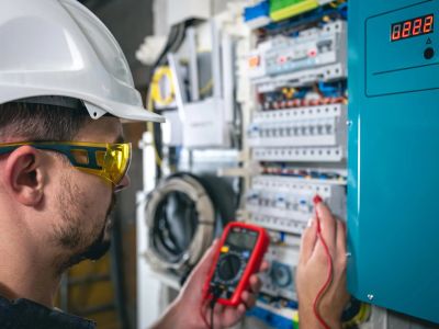 Electrician Testing Circuit With Multimeter In Industrial Setting Bowie Md